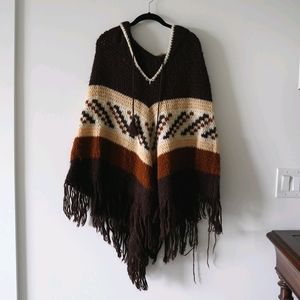 Vintage Wool Brown Navajo Pattern Knit Poncho